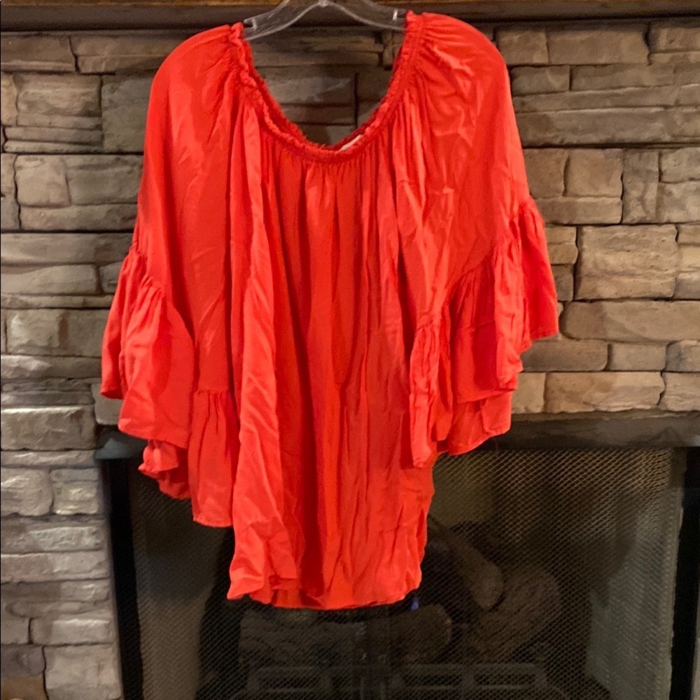 Orange‎ Flutter Sleeve Ruffled Blouse